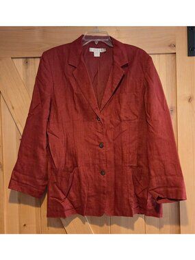Vintage Womens Size 14 Tweeds 100% Linen Blazer Lined Red Pockets